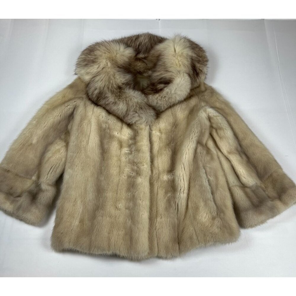 Vintage Women M Real Mink Fur Coat Light Brown Cream Pelts Shawl Collar Elegant